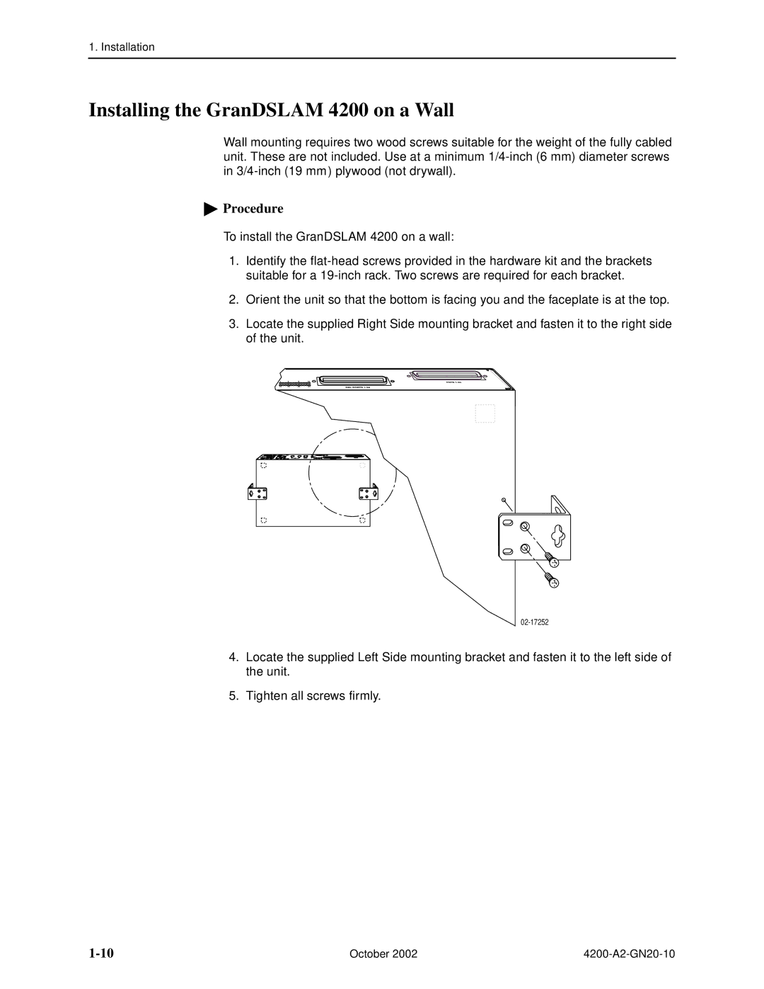 Paradyne manual Installing the GranDSLAM 4200 on a Wall 