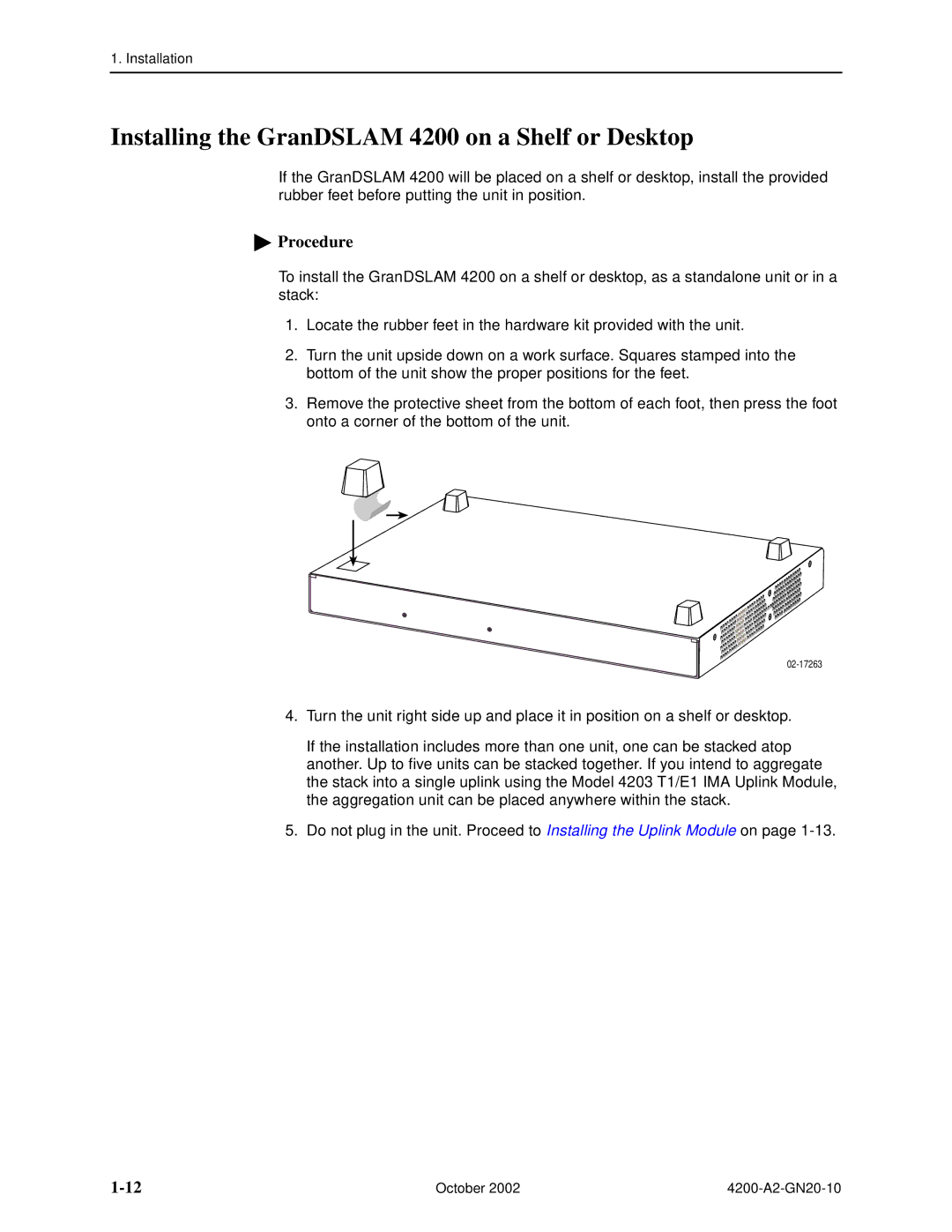 Paradyne manual Installing the GranDSLAM 4200 on a Shelf or Desktop 