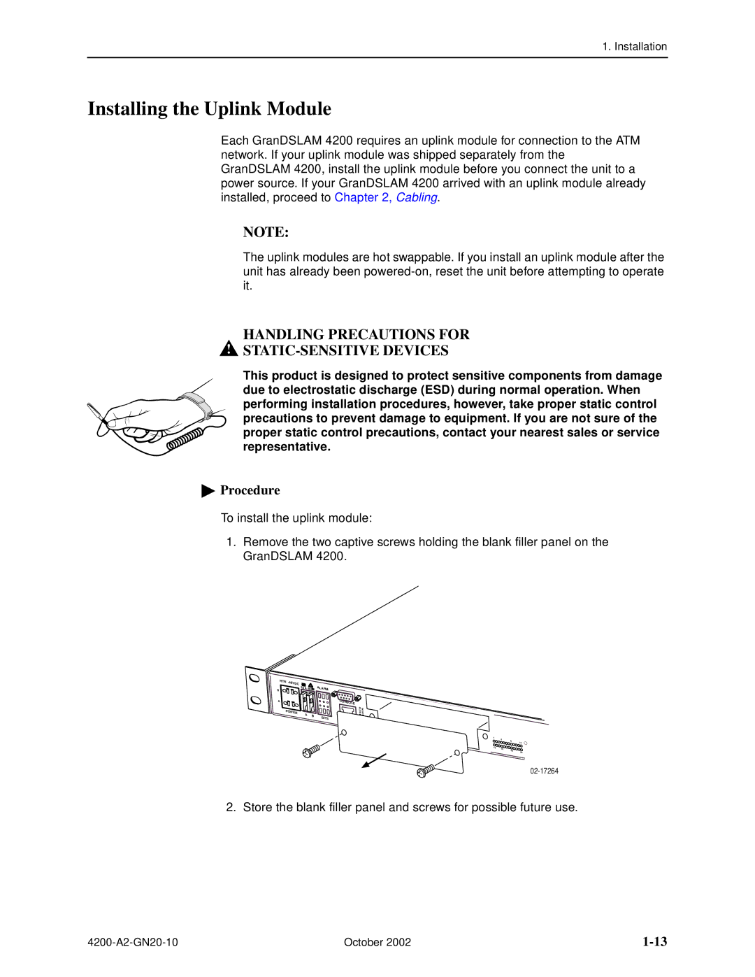 Paradyne GranDSLAM 4200 manual Installing the Uplink Module 