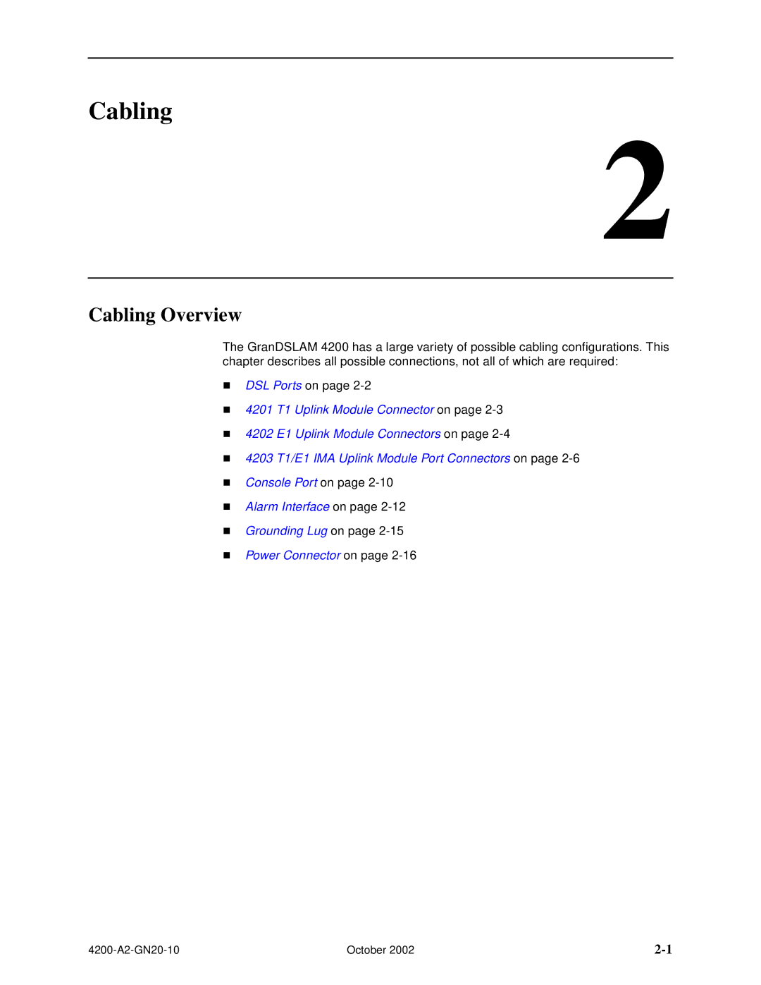 Paradyne GranDSLAM 4200 manual Cabling Overview 