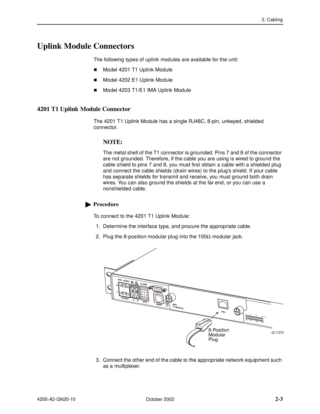 Paradyne GranDSLAM 4200 manual Uplink Module Connectors, 4201 T1 Uplink Module Connector 