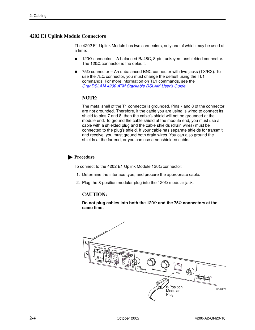 Paradyne GranDSLAM 4200 manual 4202 E1 Uplink Module Connectors 