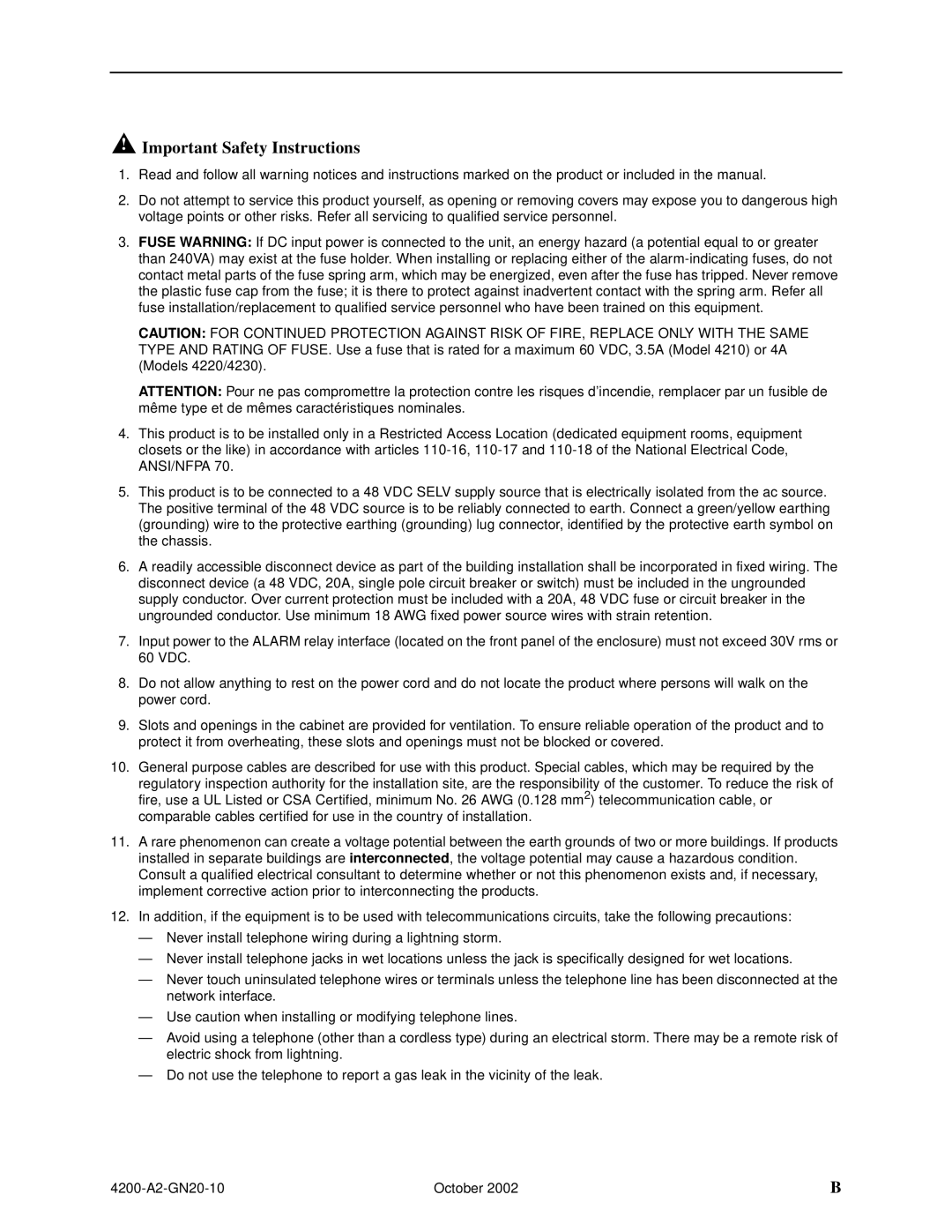 Paradyne GranDSLAM 4200 manual Important Safety Instructions 