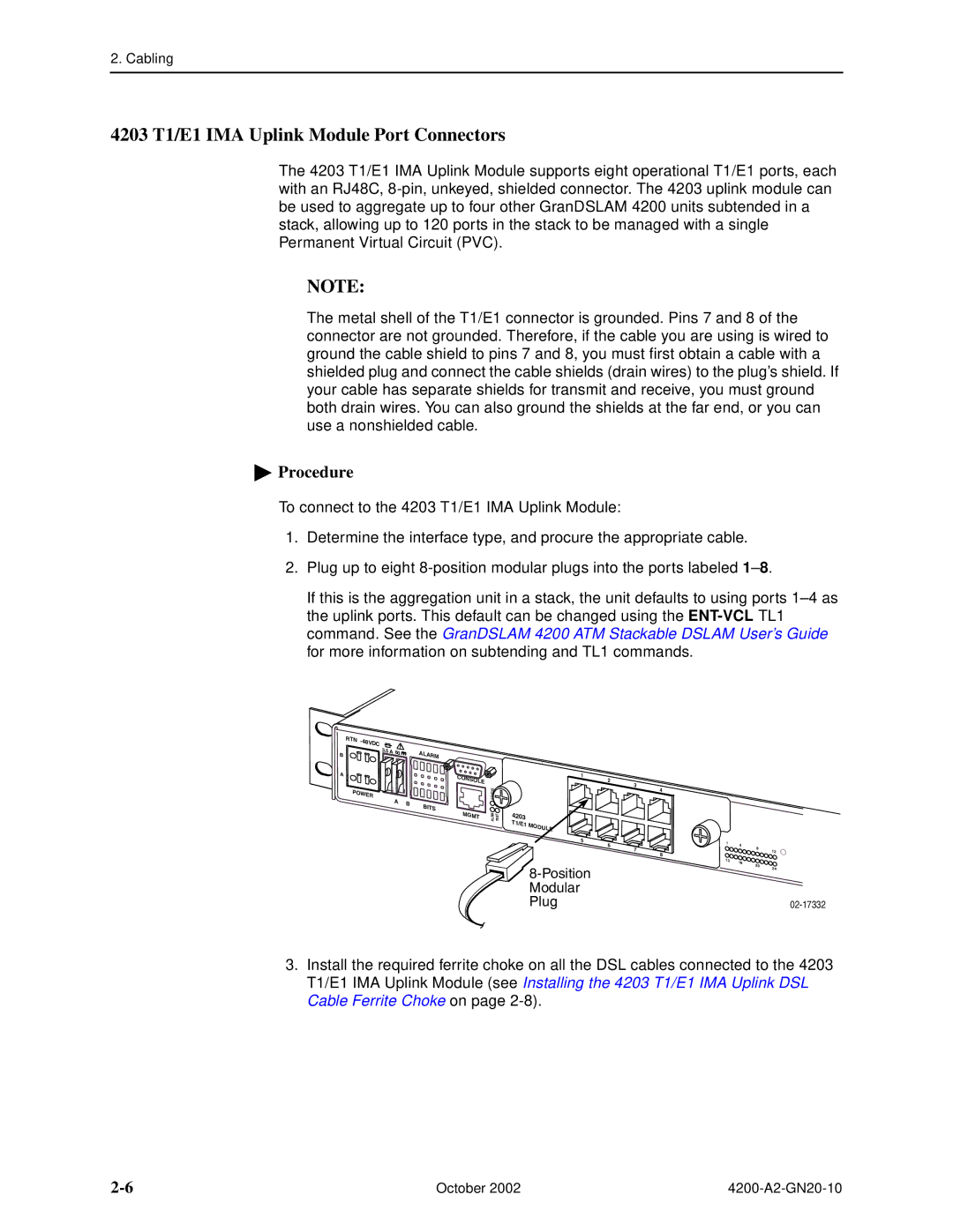 Paradyne GranDSLAM 4200 manual 4203 T1/E1 IMA Uplink Module Port Connectors 