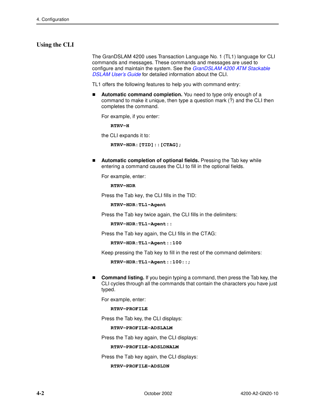 Paradyne GranDSLAM 4200 manual Using the CLI 