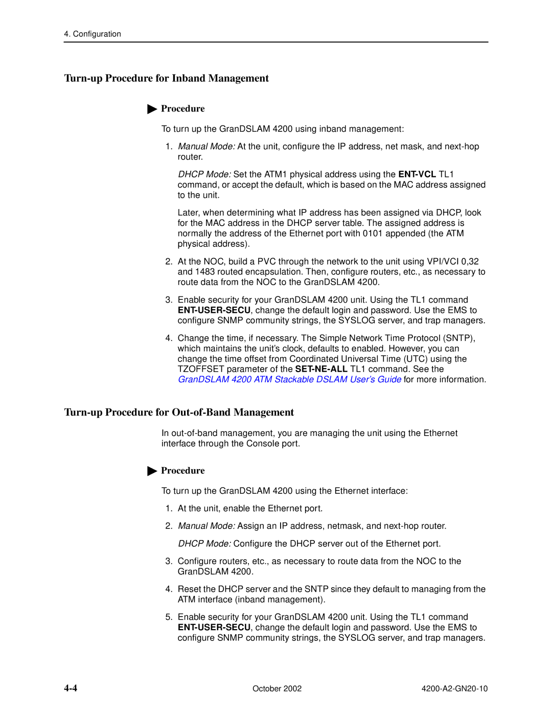 Paradyne GranDSLAM 4200 manual Turn-up Procedure for Inband Management, Turn-up Procedure for Out-of-Band Management 