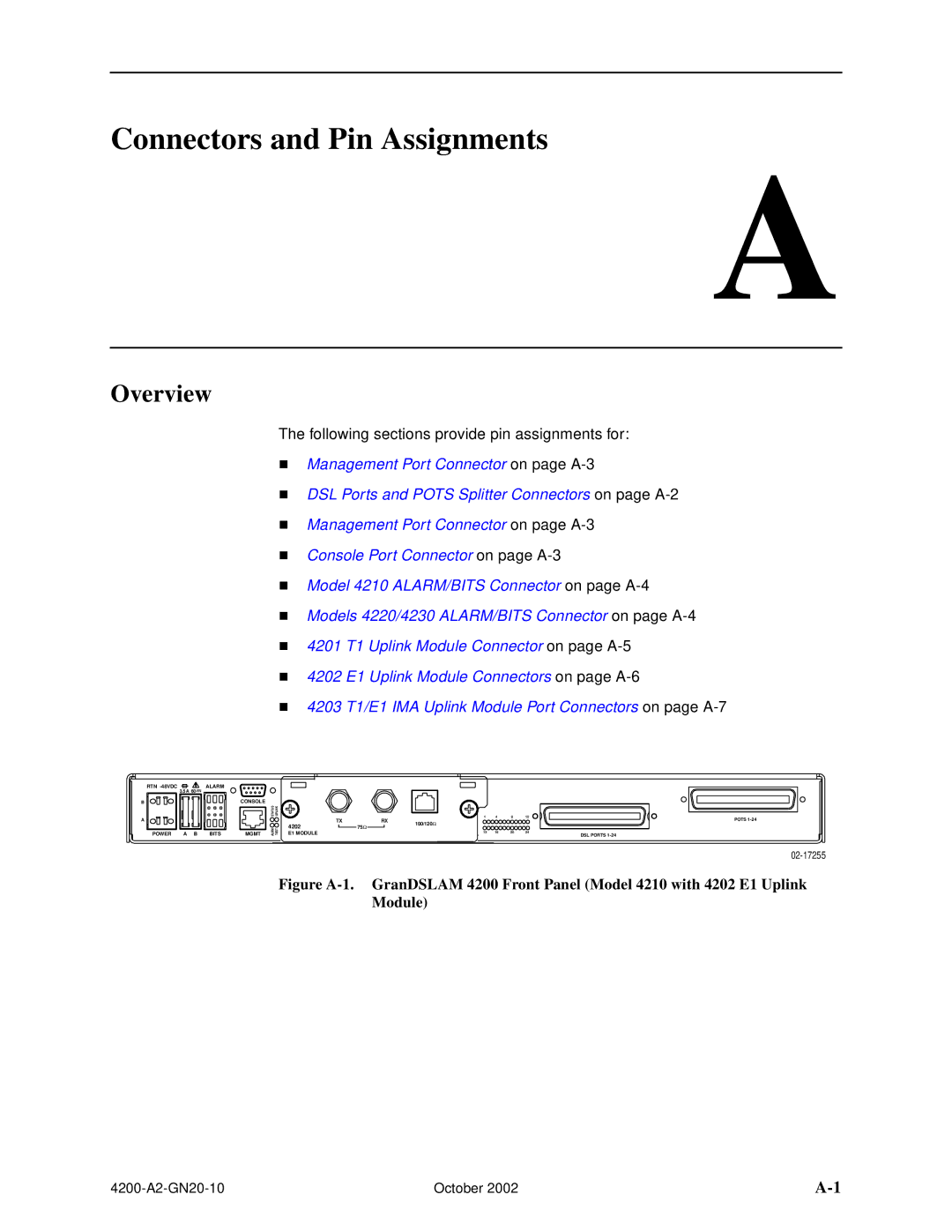 Paradyne GranDSLAM 4200 manual Connectors and Pin Assignments, Overview 