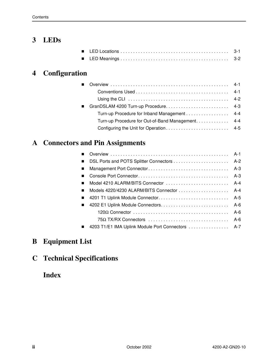 Paradyne GranDSLAM 4200 LEDs, Configuration, Connectors and Pin Assignments, Equipment List Technical Specifications Index 