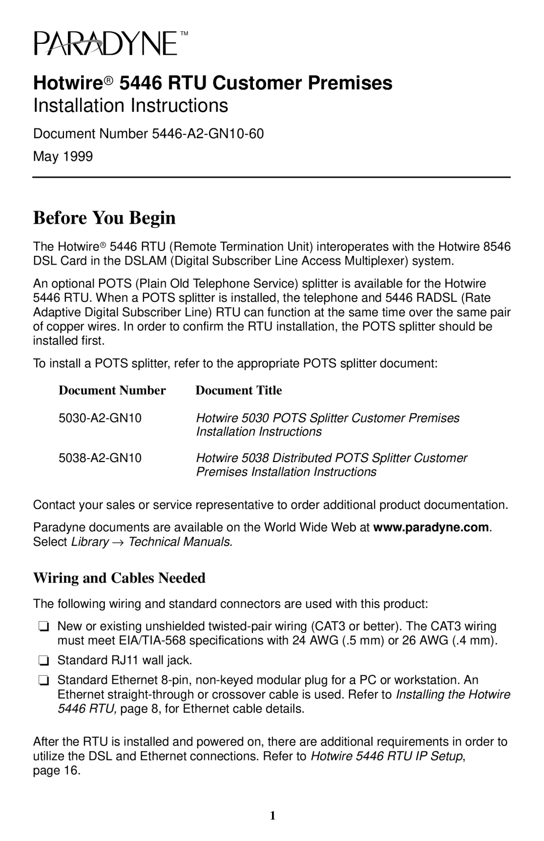 Paradyne Hotwire 5446 installation instructions Before You Begin, Wiring and Cables Needed, Document Number Document Title 