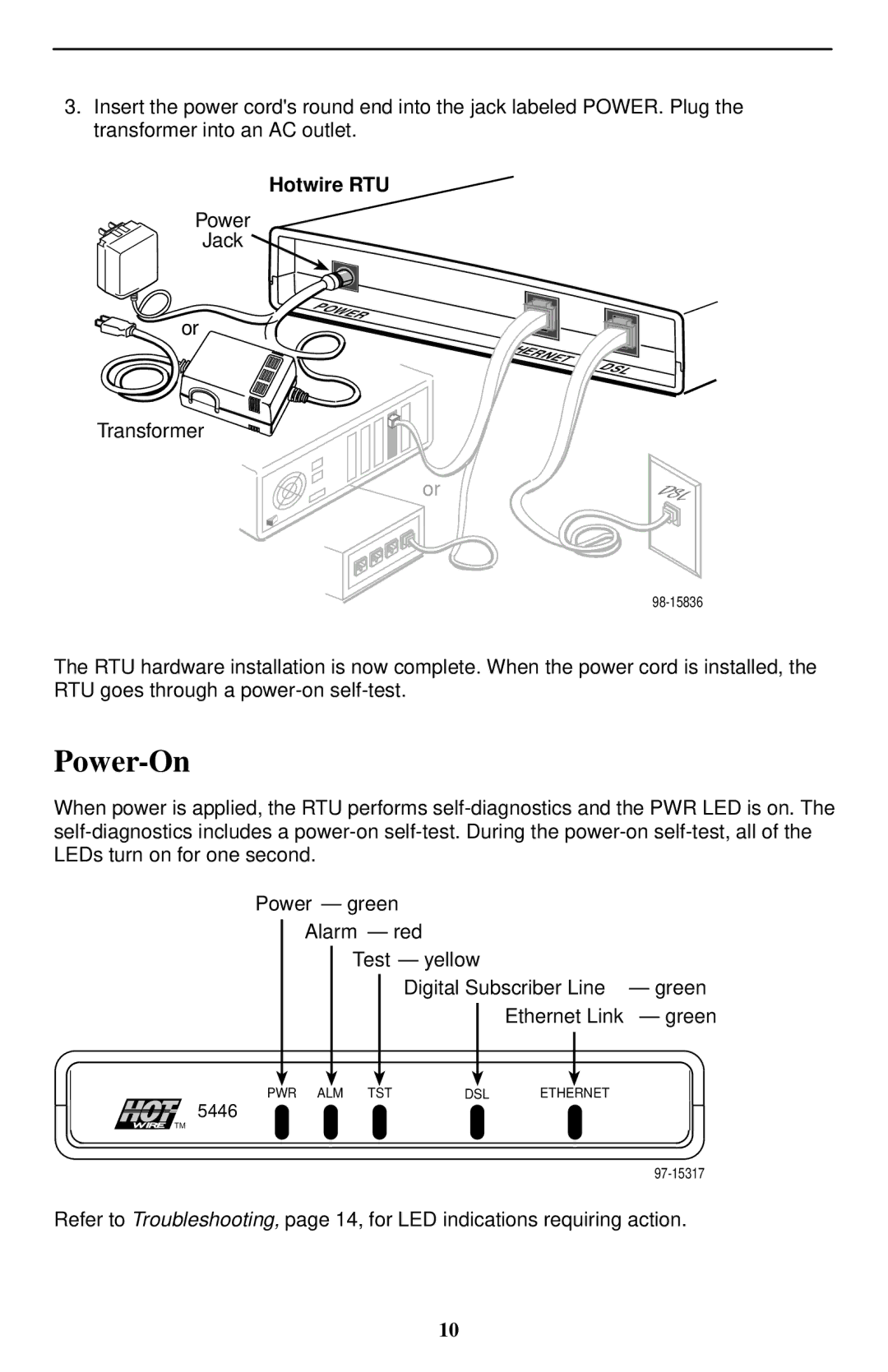 Paradyne Hotwire 5446 installation instructions Power-On, Alarm red, Digital Subscriber Line green Ethernet Link green 