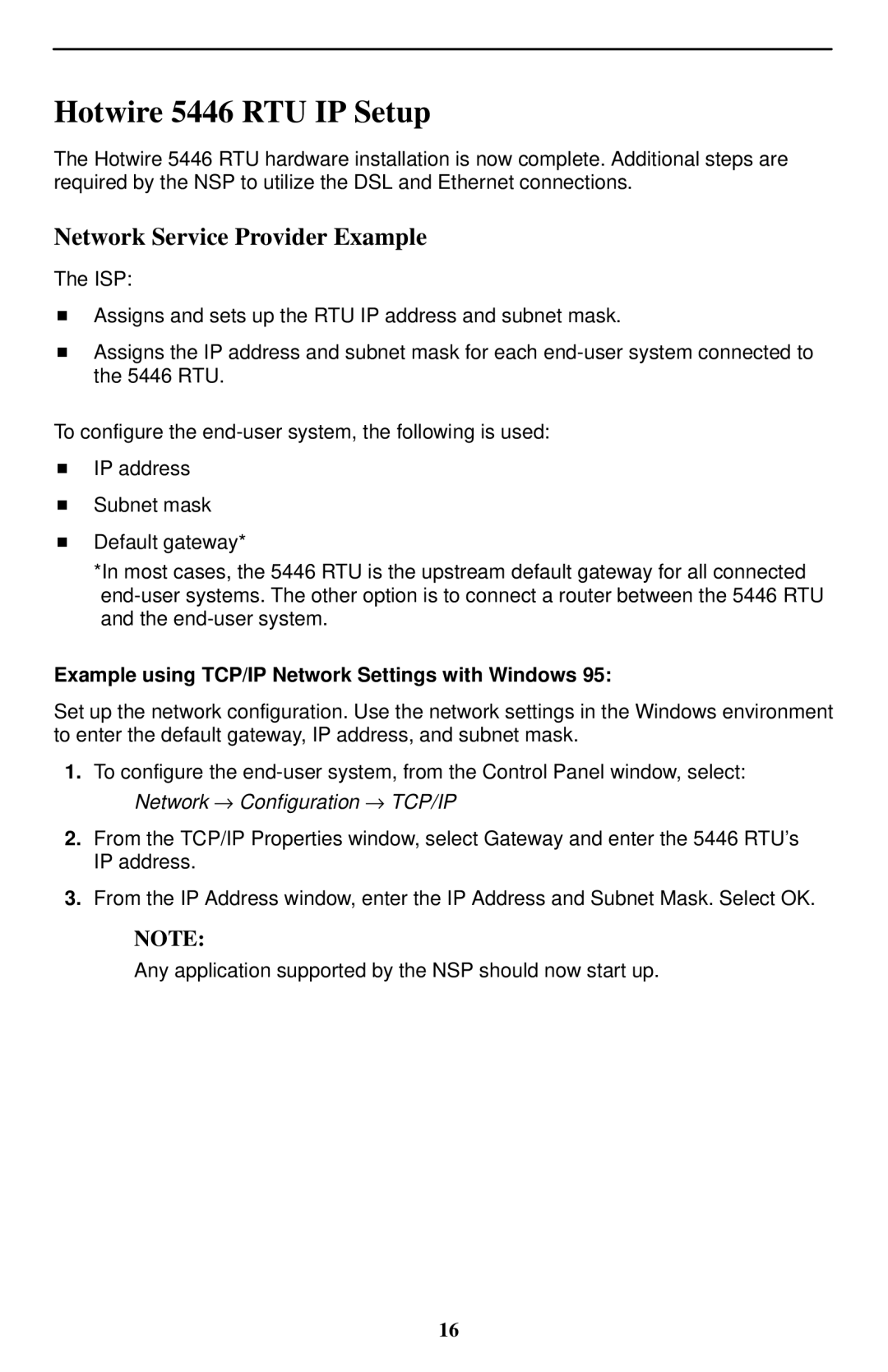 Paradyne installation instructions Hotwire 5446 RTU IP Setup, Network Service Provider Example 