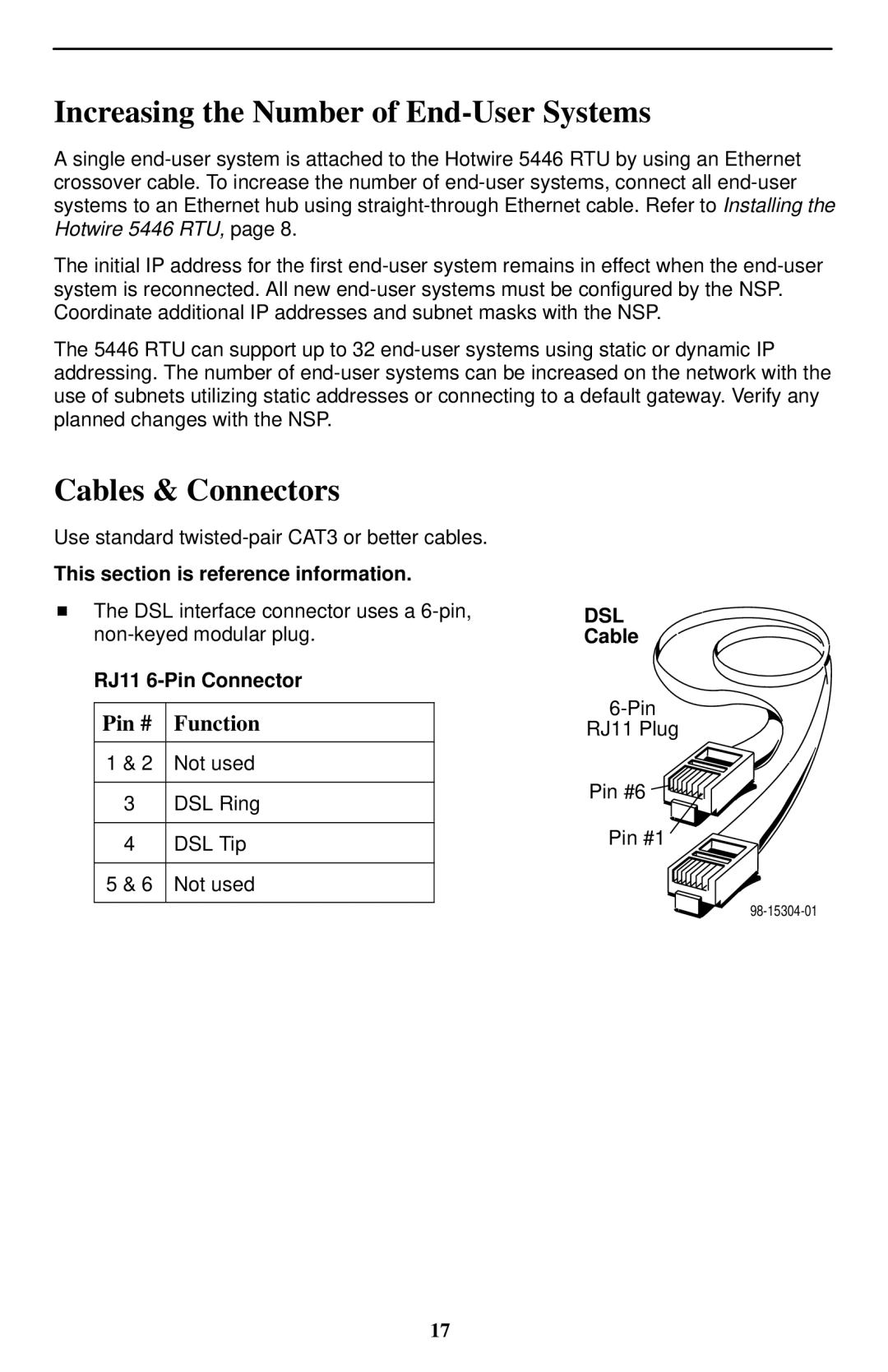 Paradyne Hotwire 5446 Increasing the Number of End-User Systems, Cables & Connectors, Pin # Function 