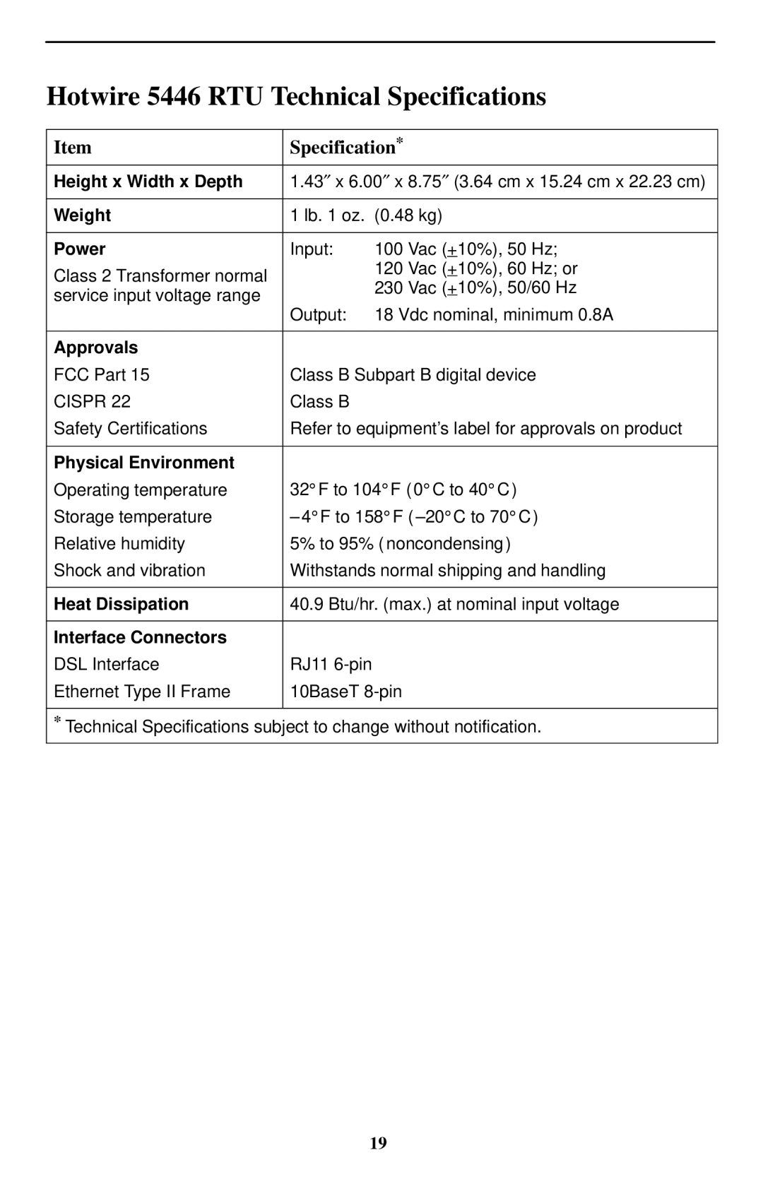 Paradyne installation instructions Hotwire 5446 RTU Technical Specifications 