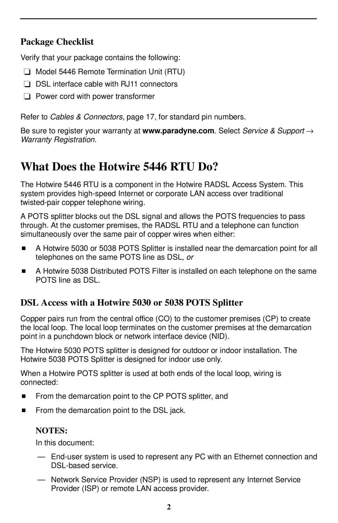 Paradyne What Does the Hotwire 5446 RTU Do?, Package Checklist, DSL Access with a Hotwire 5030 or 5038 Pots Splitter 