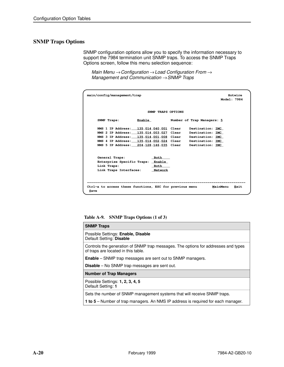 Paradyne Hotwire 7984 manual Table A-9. Snmp Traps Options 1, Number of Trap Managers 