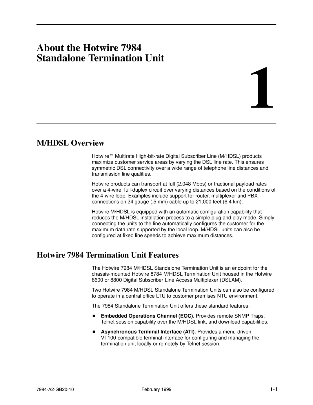 Paradyne manual About the Hotwire Standalone Termination Unit, Hdsl Overview, Hotwire 7984 Termination Unit Features 