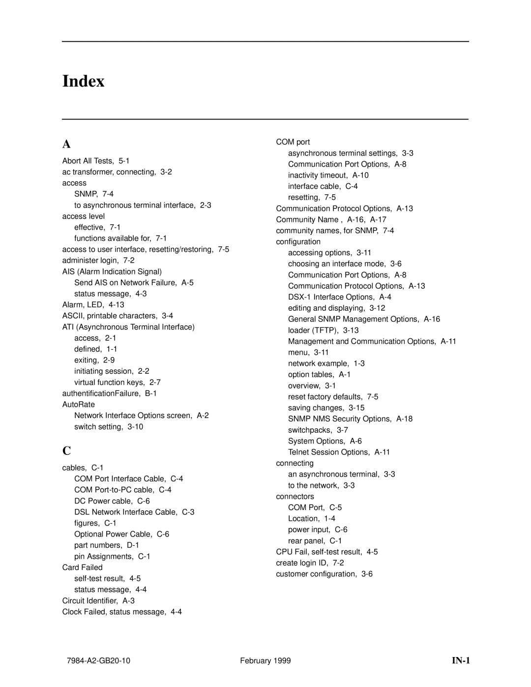 Paradyne Hotwire 7984 manual Index, IN-1 