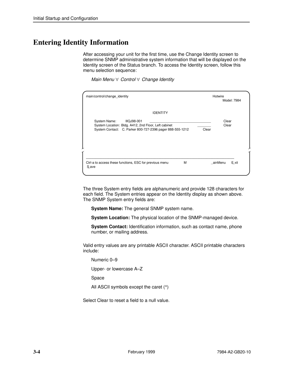 Paradyne Hotwire 7984 manual Entering Identity Information, Main Menu → Control → Change 