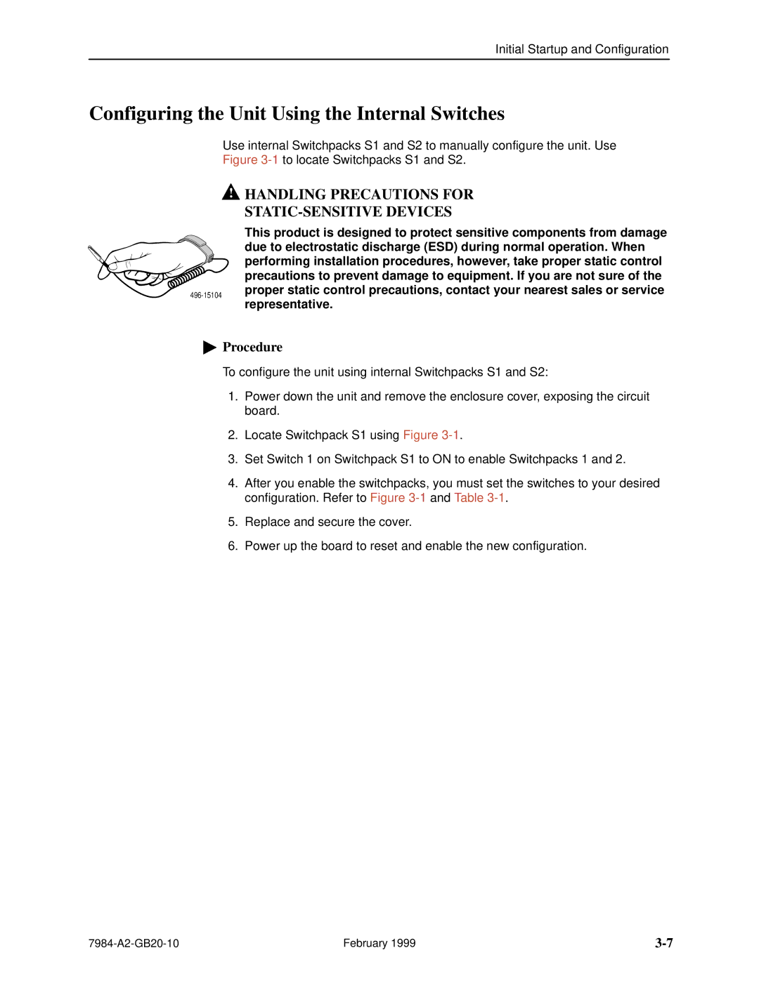 Paradyne Hotwire 7984 Configuring the Unit Using the Internal Switches, Handling Precautions for STATIC-SENSITIVE Devices 