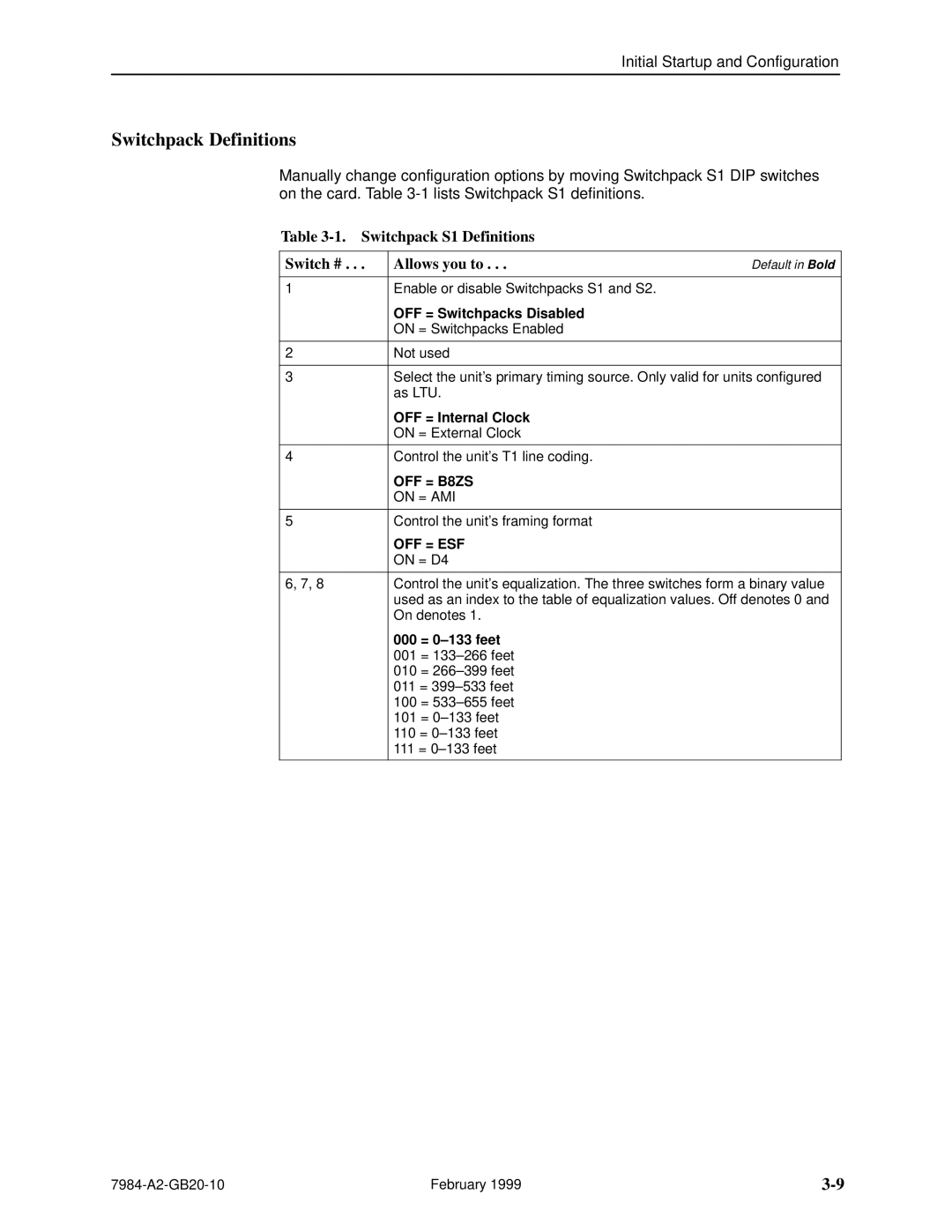 Paradyne Hotwire 7984 Switchpack Definitions, Switchpack S1 Definitions Switch # Allows you to, OFF = Switchpacks Disabled 