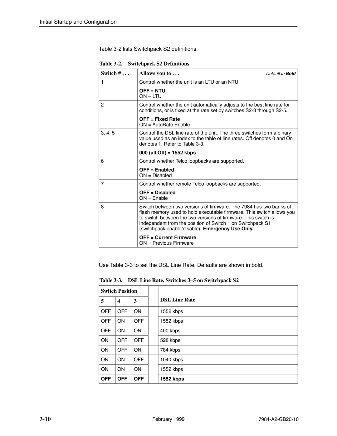 Paradyne Hotwire 7984 manual Switchpack S2 Definitions Switch # Allows you to 