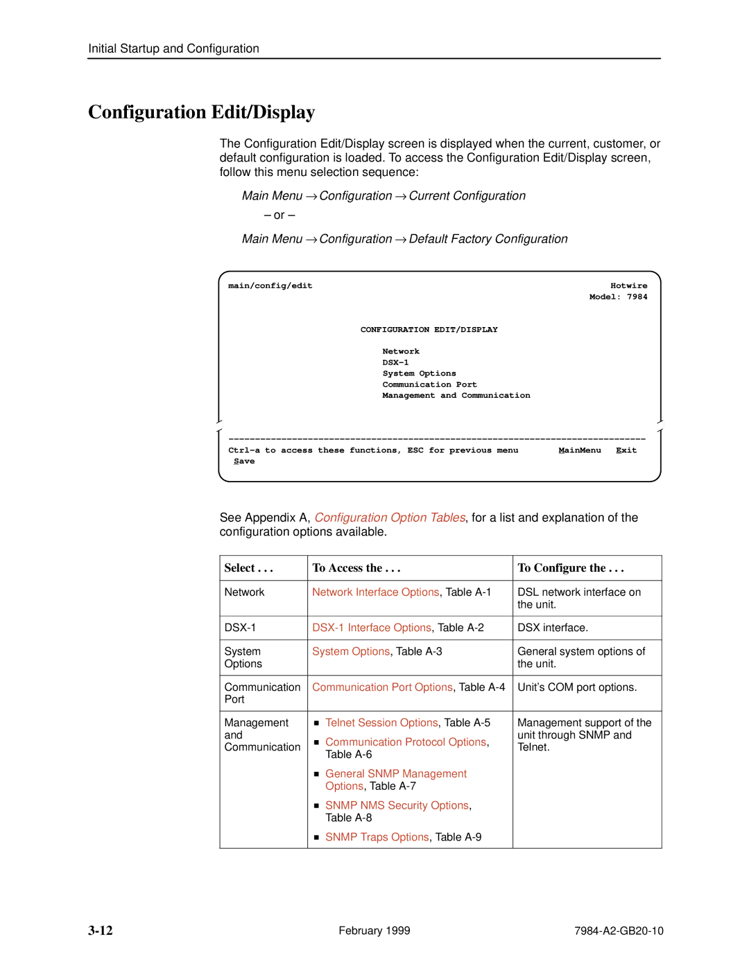 Paradyne Hotwire 7984 manual Configuration Edit/Display, Main Menu → Configuration → Current Configuration 