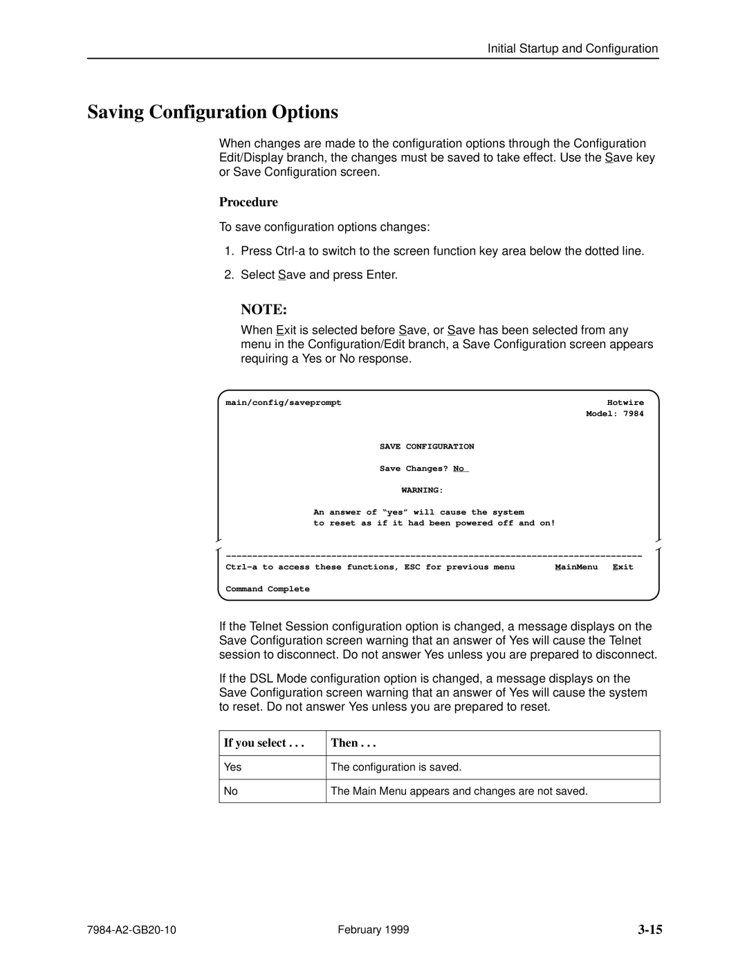 Paradyne Hotwire 7984 manual Saving Configuration Options, Save Configuration 