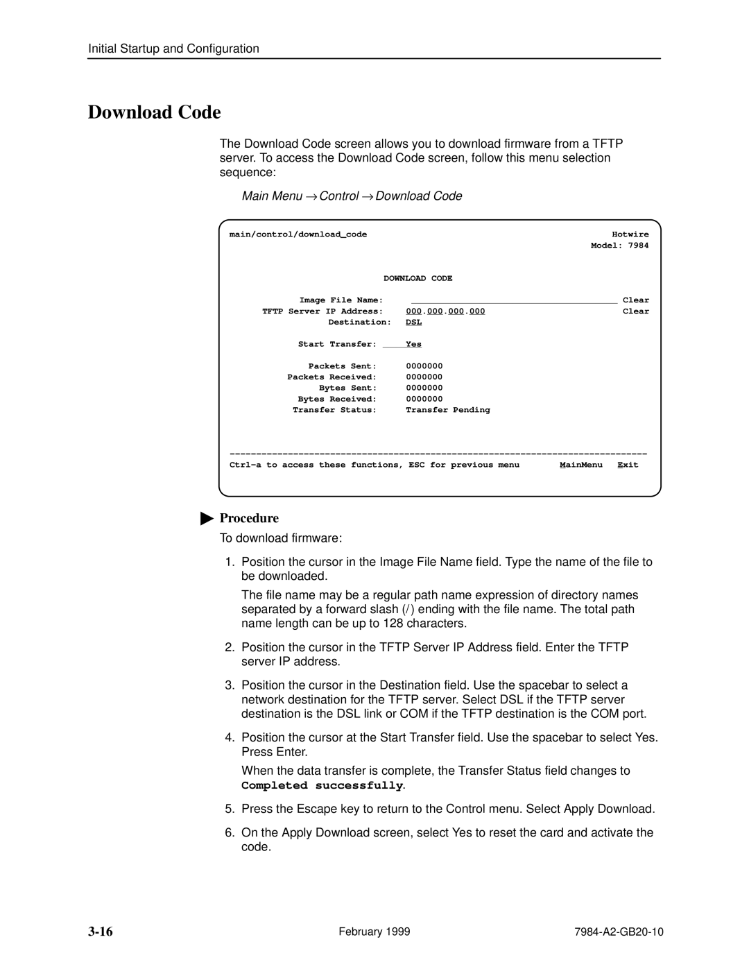 Paradyne Hotwire 7984 manual Main Menu → Control → Download Code, Dsl 