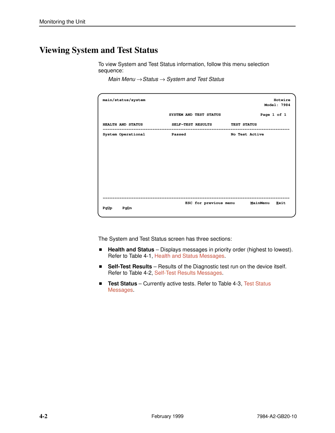 Paradyne Hotwire 7984 manual Viewing System and Test Status, Main Menu → Status → System and Test Status 