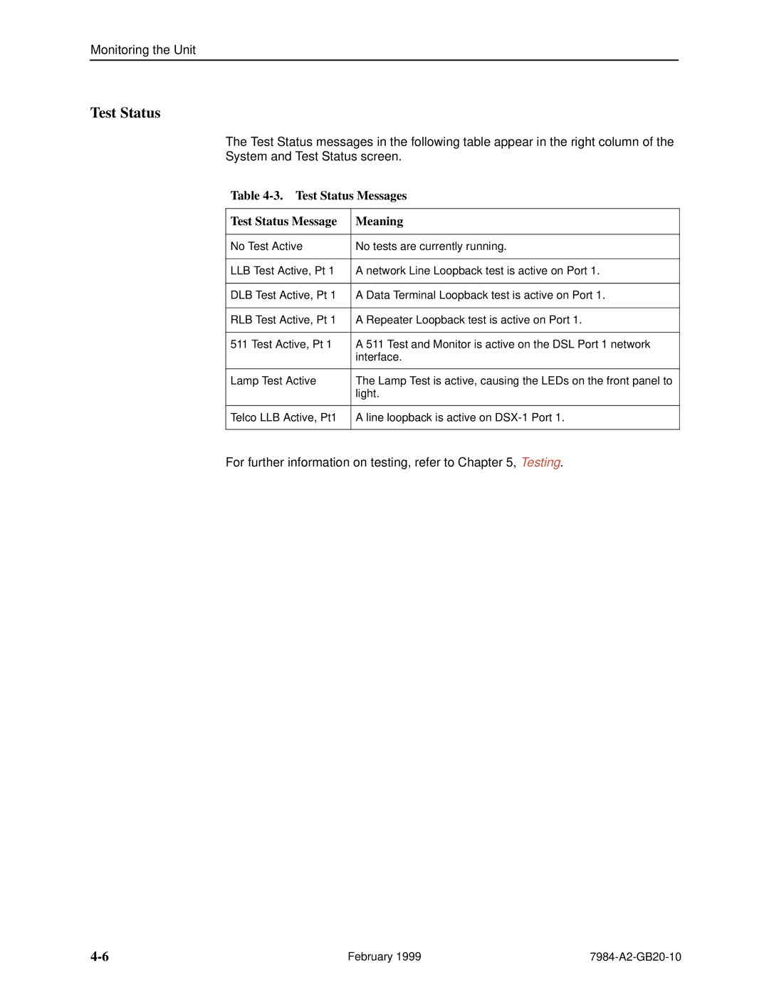 Paradyne Hotwire 7984 manual Test Status Messages Meaning 