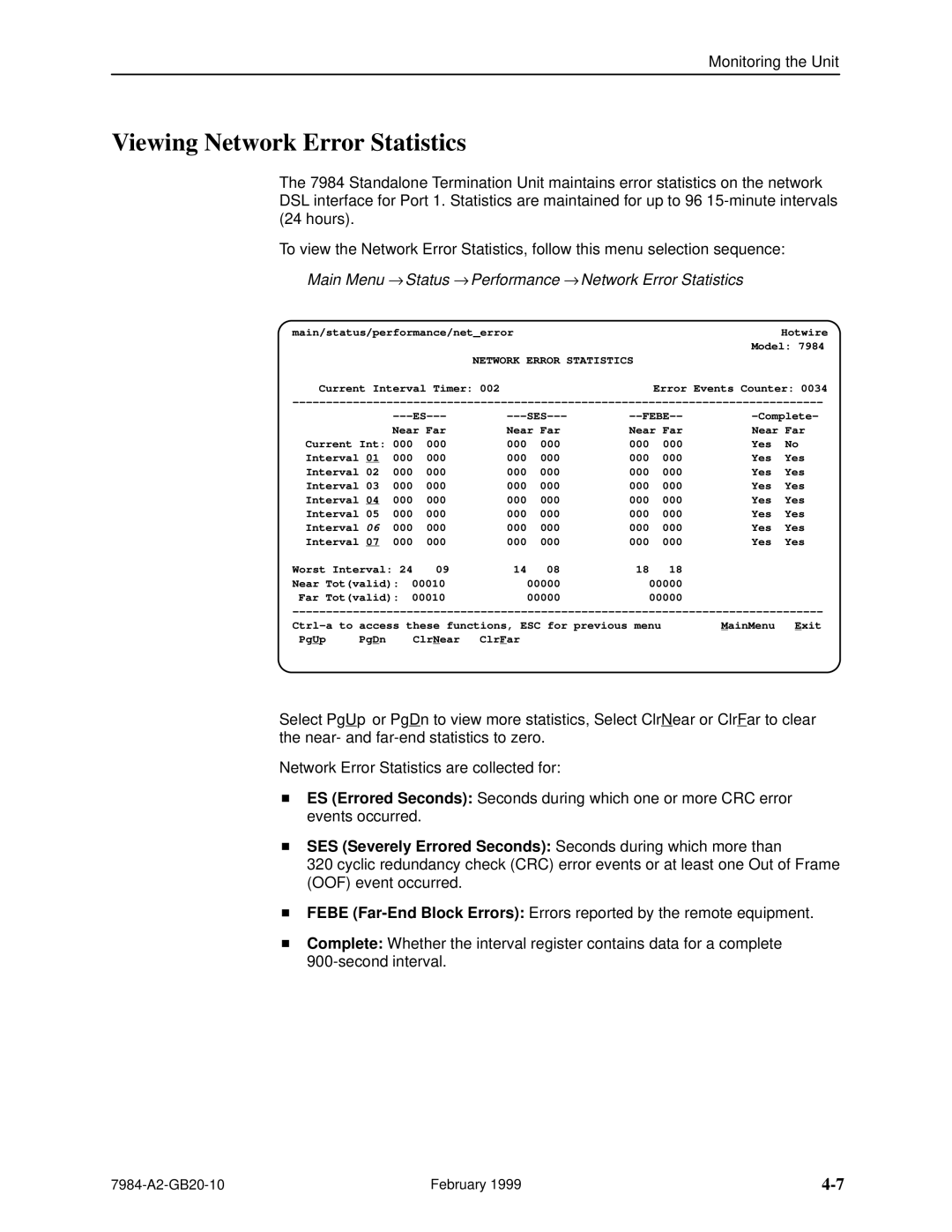 Paradyne Hotwire 7984 manual Viewing Network Error Statistics, Main Menu → Status → Performance → Network Error Statistics 