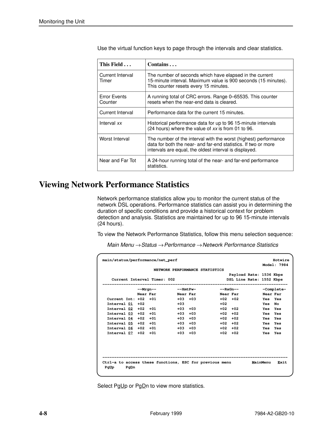 Paradyne Hotwire 7984 manual Viewing Network Performance Statistics, This Field Contains 