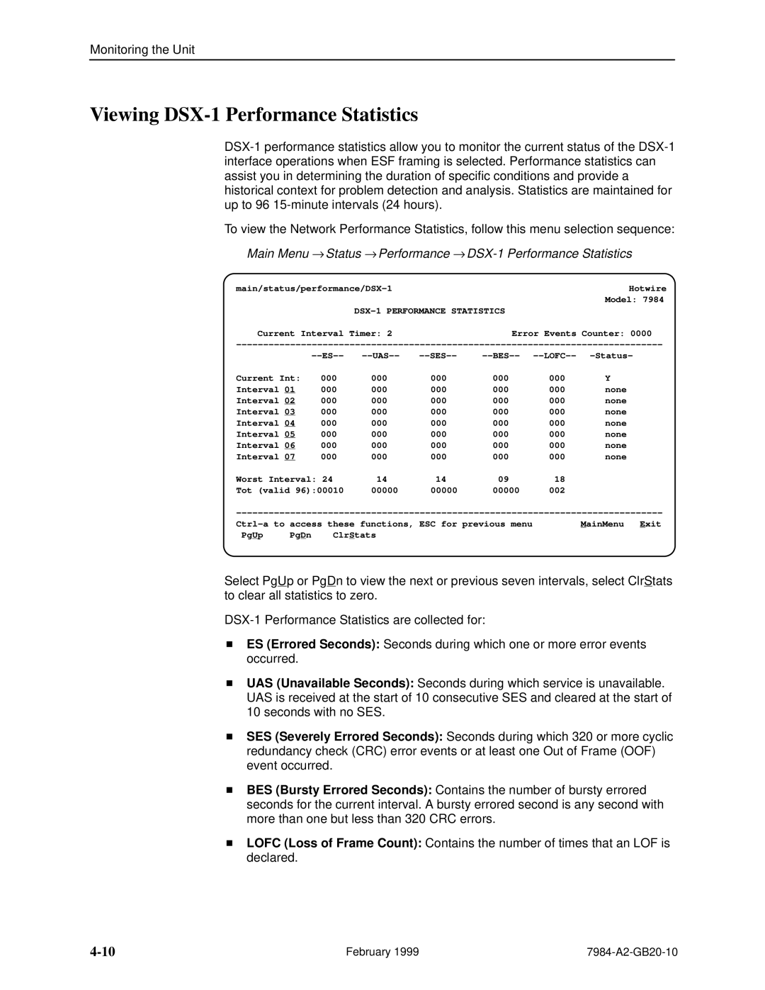 Paradyne Hotwire 7984 manual Viewing DSX-1 Performance Statistics 