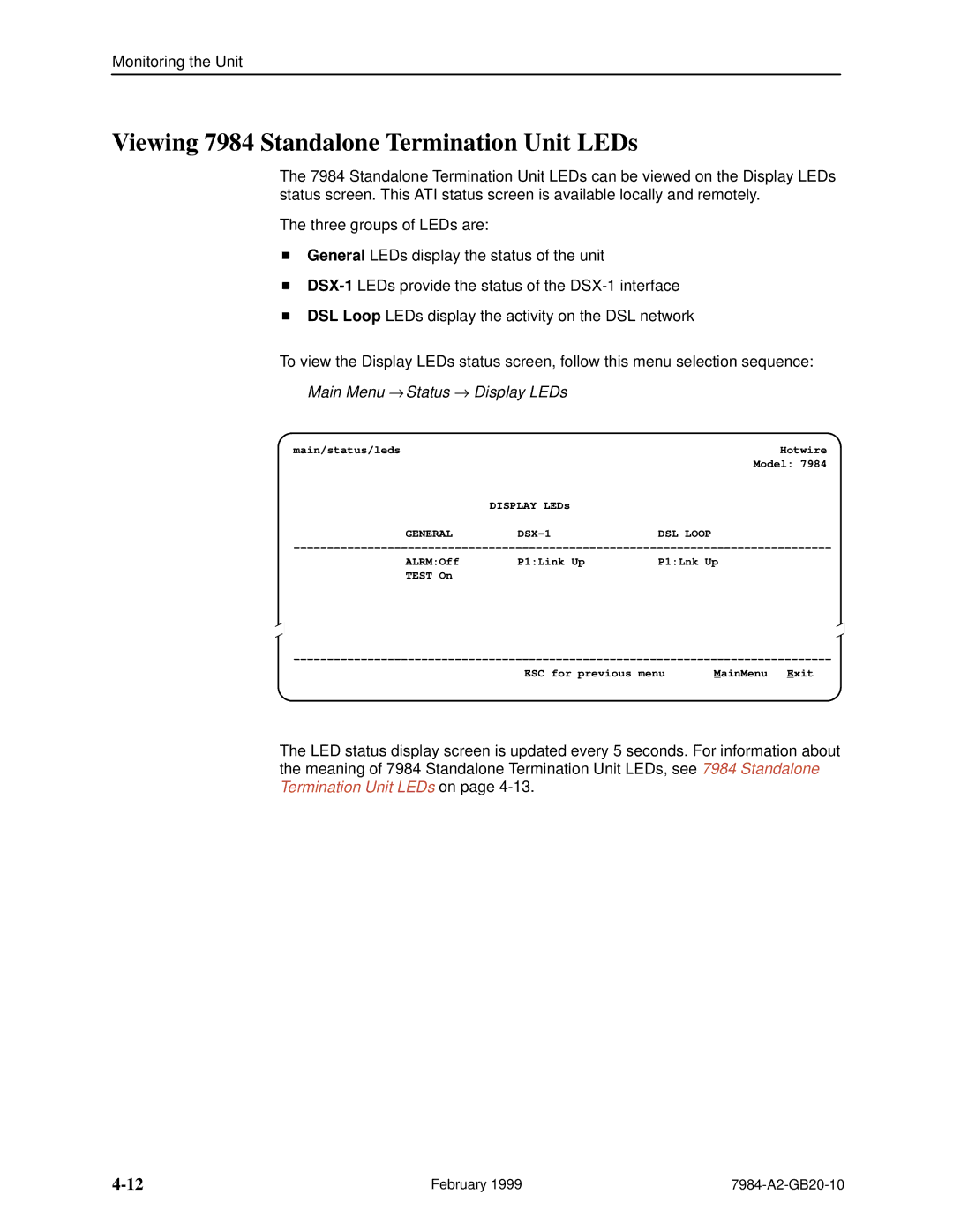 Paradyne Hotwire 7984 manual Viewing 7984 Standalone Termination Unit LEDs, Main Menu → Status → Display LEDs, General 