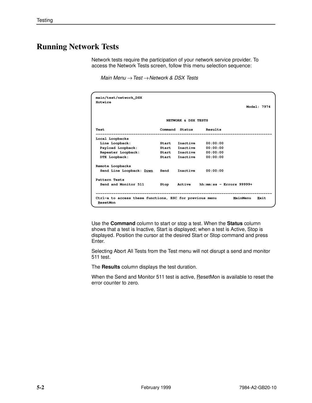 Paradyne Hotwire 7984 manual Running Network Tests, Main Menu → Test → Network & DSX Tests 