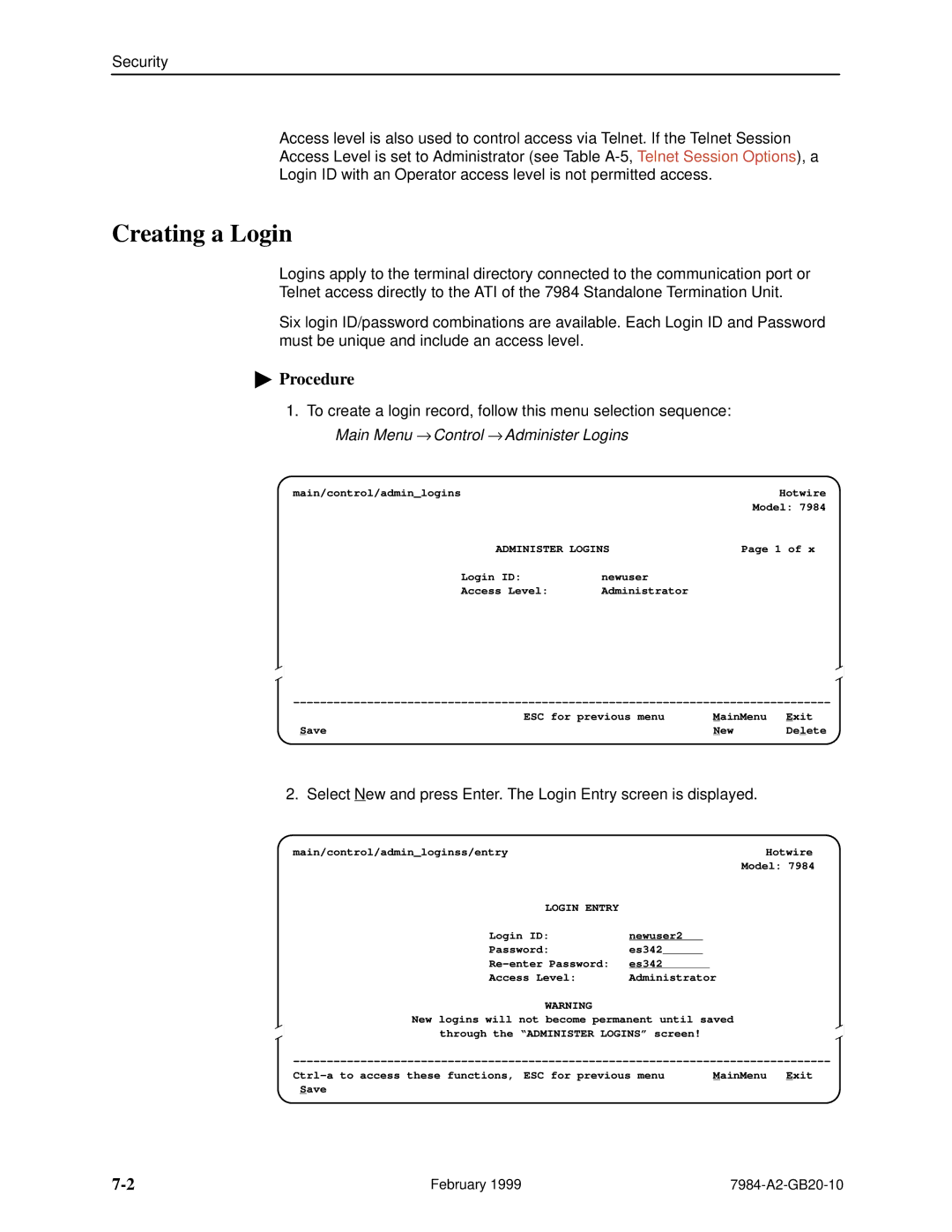 Paradyne Hotwire 7984 manual Creating a Login, Administer Logins, Login Entry 