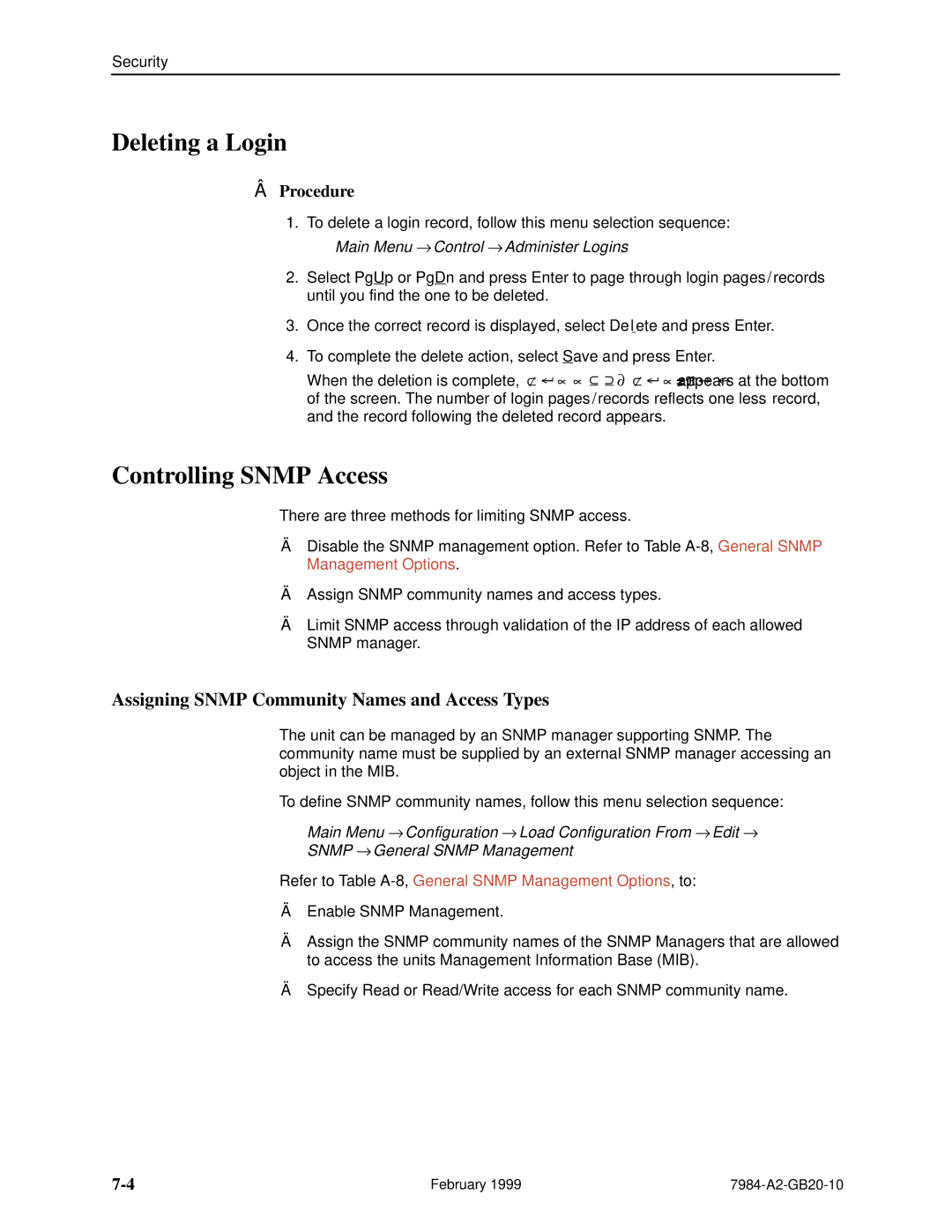 Paradyne Hotwire 7984 manual Deleting a Login, Controlling Snmp Access, Assigning Snmp Community Names and Access Types 