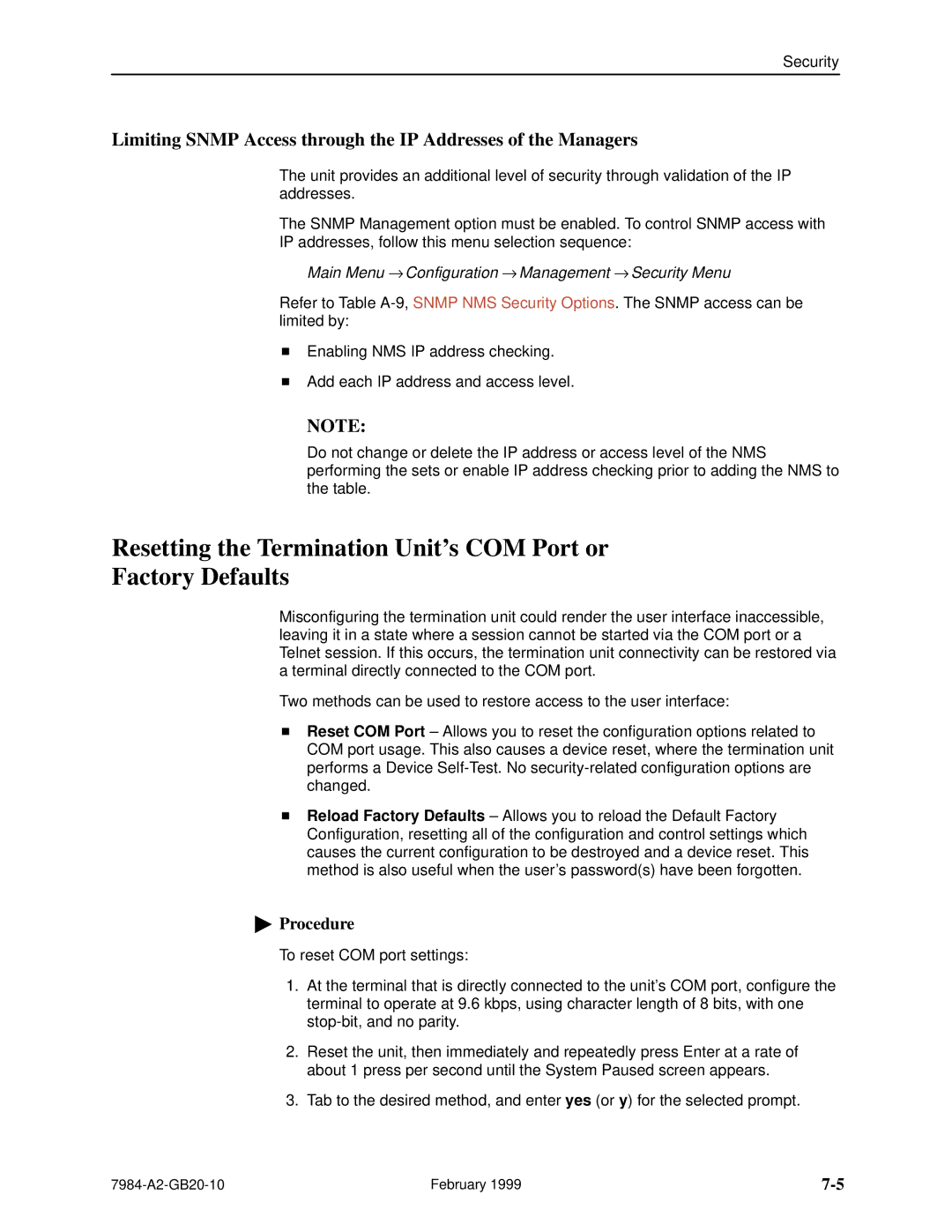 Paradyne Hotwire 7984 manual Resetting the Termination Units COM Port or Factory Defaults 