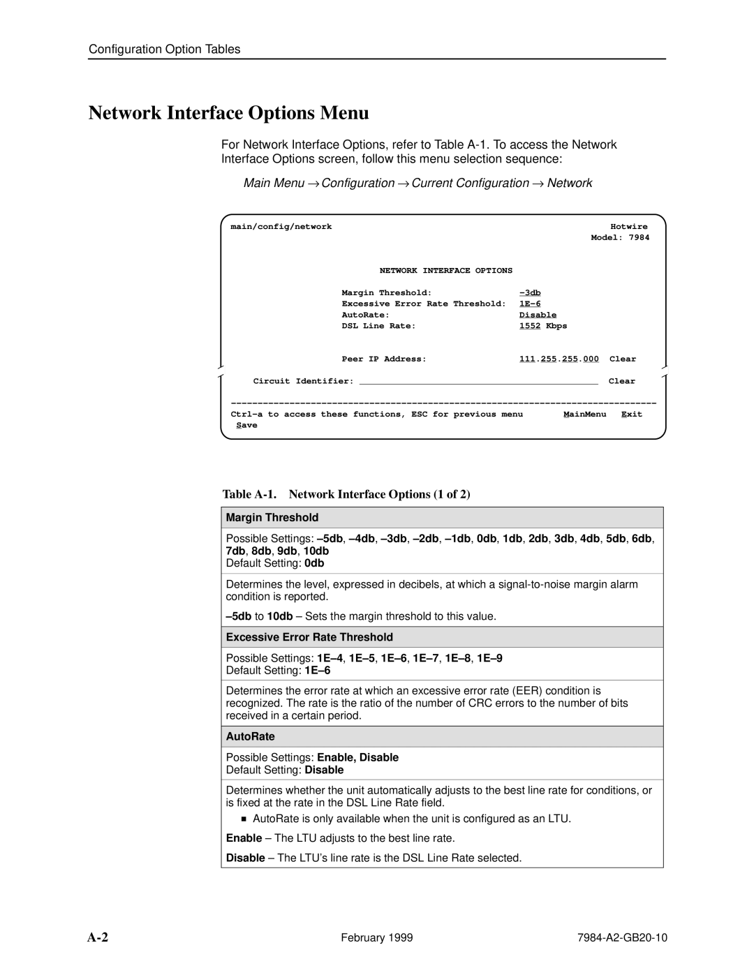 Paradyne Hotwire 7984 manual Network Interface Options Menu, Main Menu → Configuration → Current Configuration → 