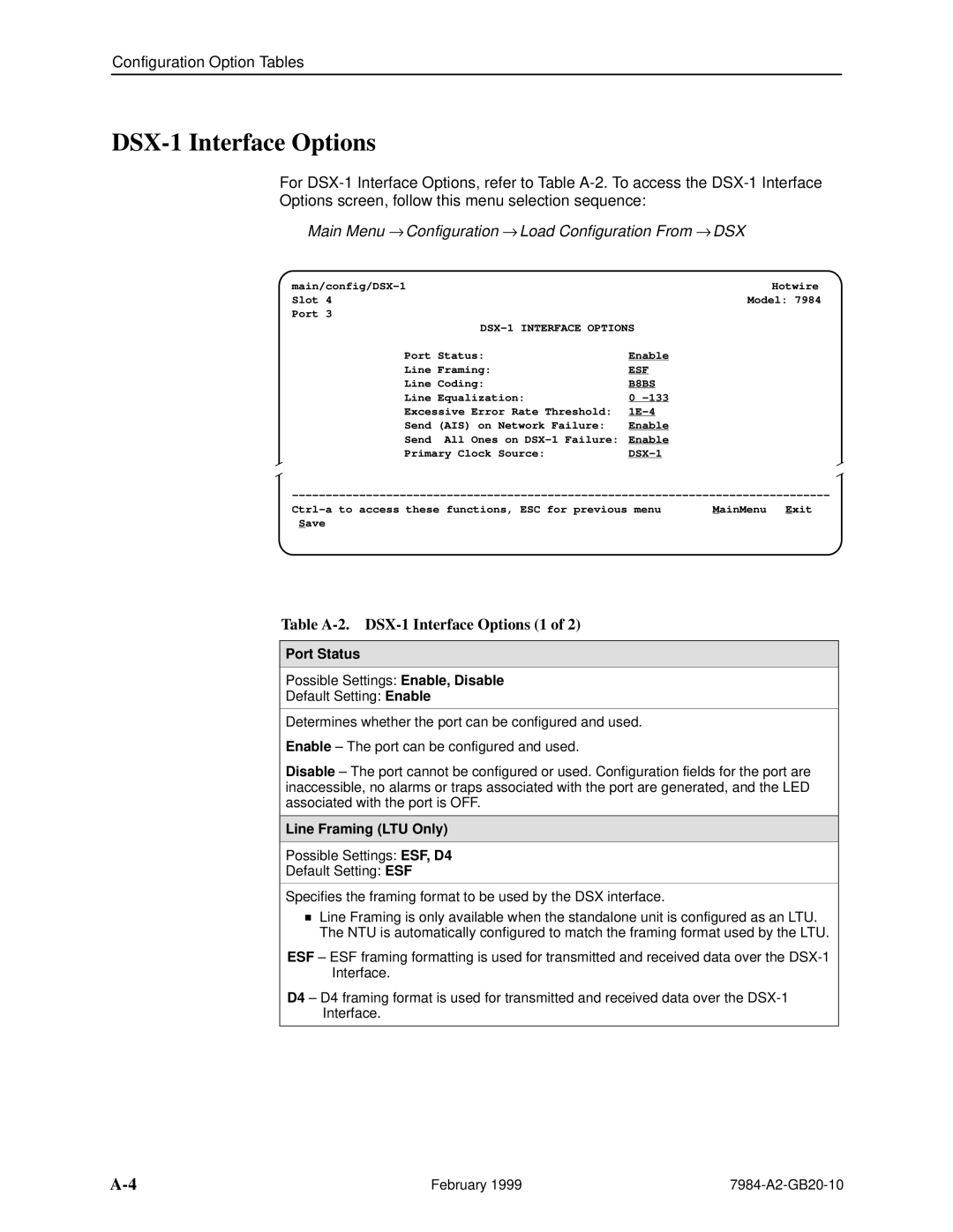 Paradyne Hotwire 7984 manual DSX-1 Interface Options, Main Menu → Configuration → Load Configuration From →, Port Status 