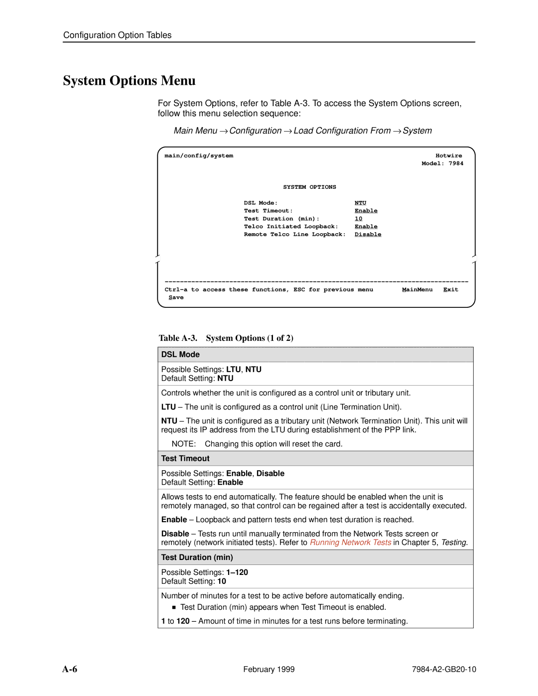 Paradyne Hotwire 7984 manual System Options Menu, Table A-3. System Options 1, DSL Mode, Test Timeout, Test Duration min 