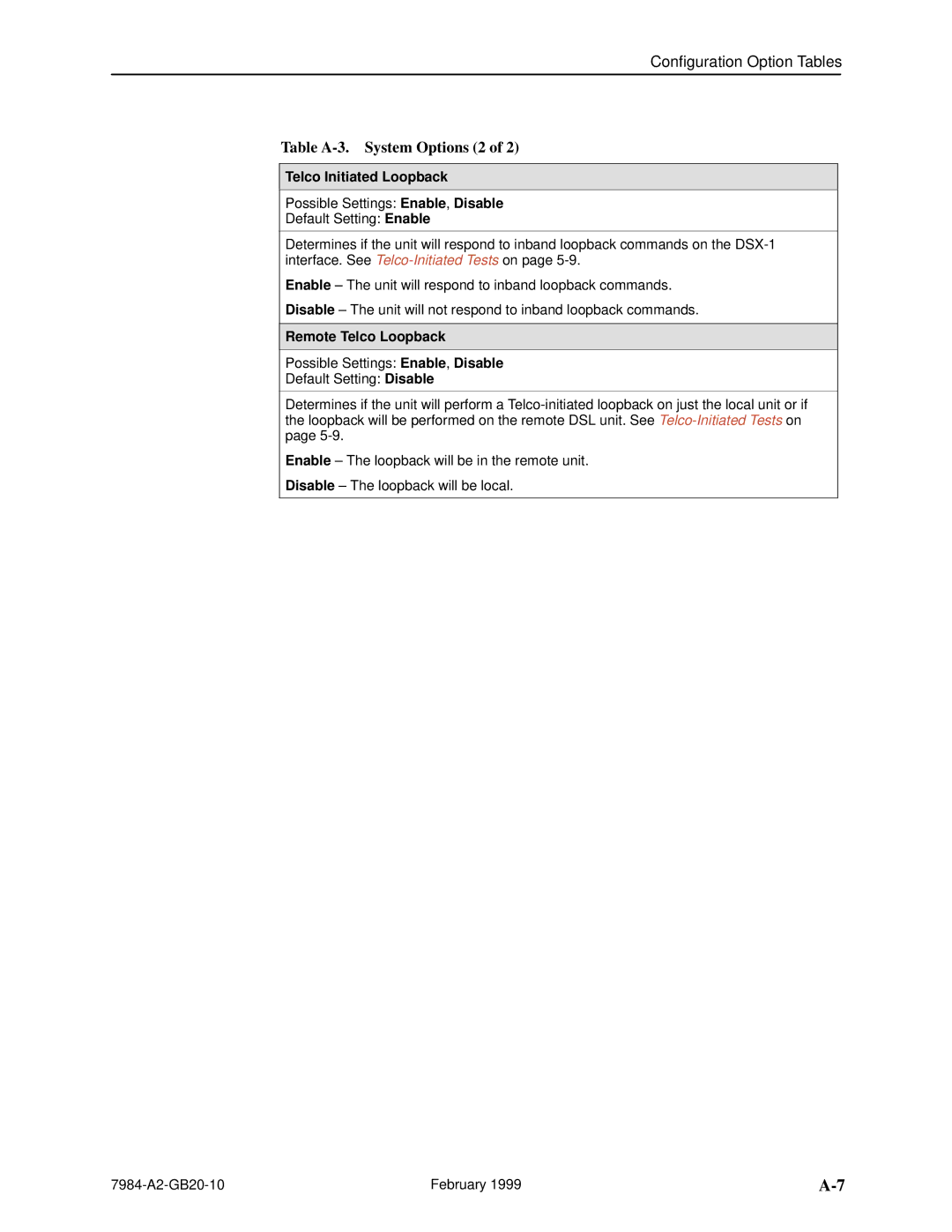 Paradyne Hotwire 7984 manual Table A-3. System Options 2, Telco Initiated Loopback, Remote Telco Loopback 