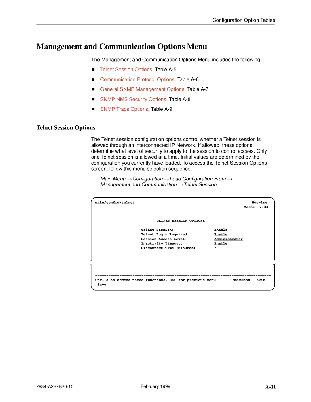 Paradyne Hotwire 7984 manual Management and Communication Options Menu, Telnet Session Options 