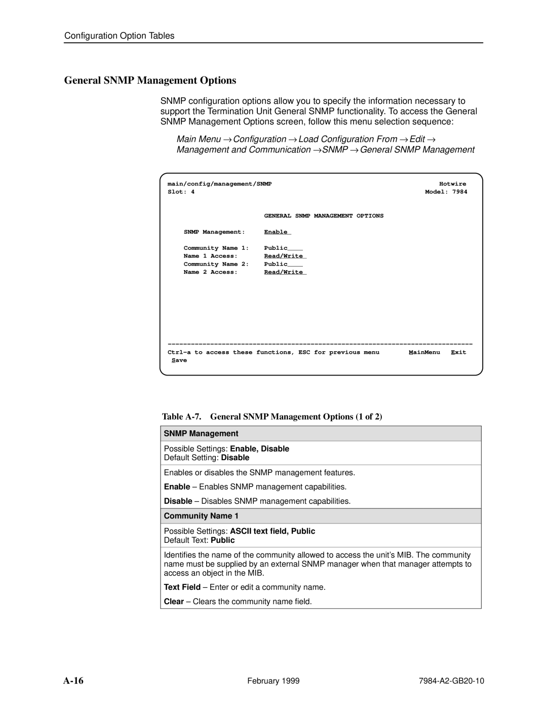 Paradyne Hotwire 7984 manual Table A-7. General Snmp Management Options 1 