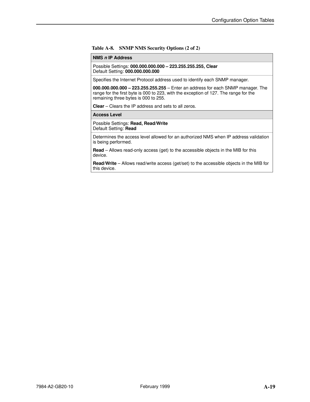 Paradyne Hotwire 7984 manual Table A-8. Snmp NMS Security Options 2, Access Level 