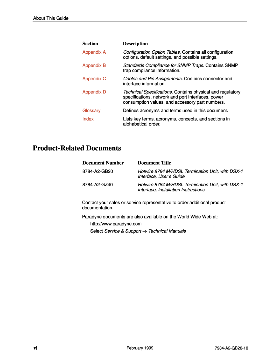 Paradyne Hotwire 7984 manual Product-Related Documents, Document Number, Document Title, Appendix A, Appendix B, Appendix C 