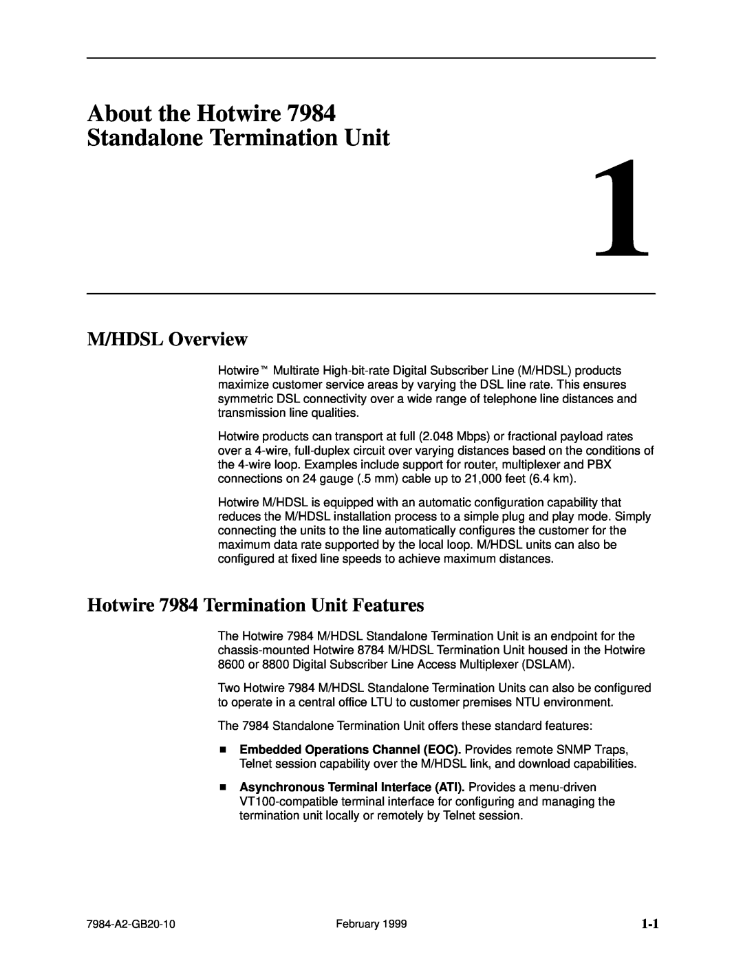 Paradyne Hotwire 7984 manual About the Hotwire Standalone Termination Unit, M/HDSL Overview 