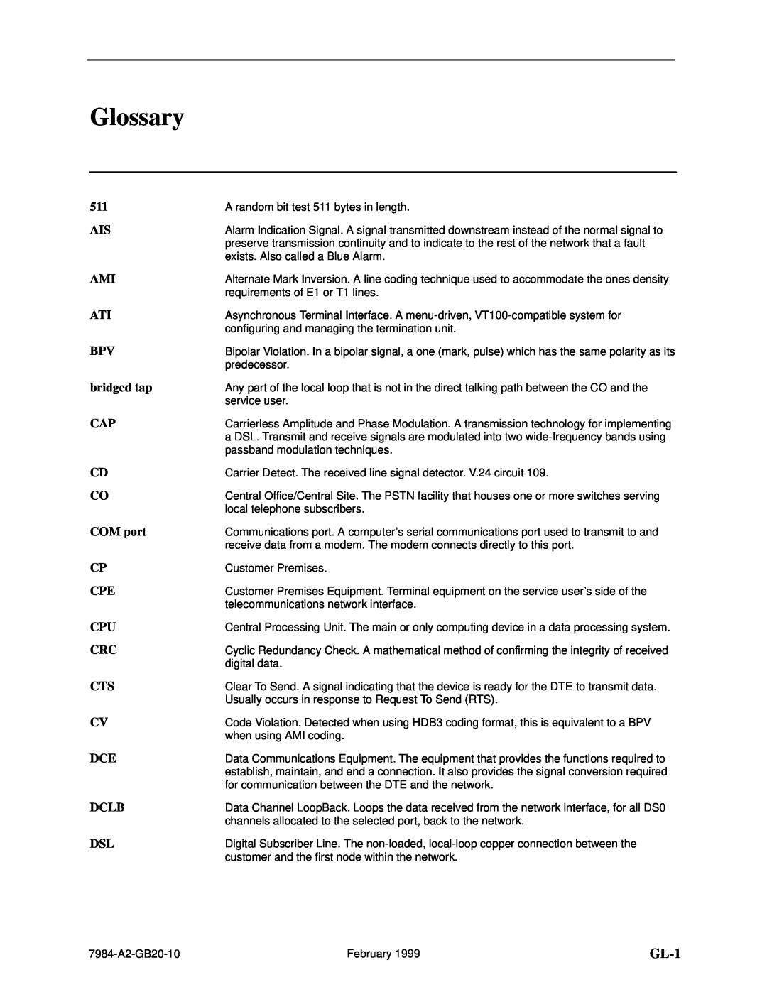 Paradyne Hotwire 7984 manual Glossary, GL-1, bridged tap, COM port, Dclb 
