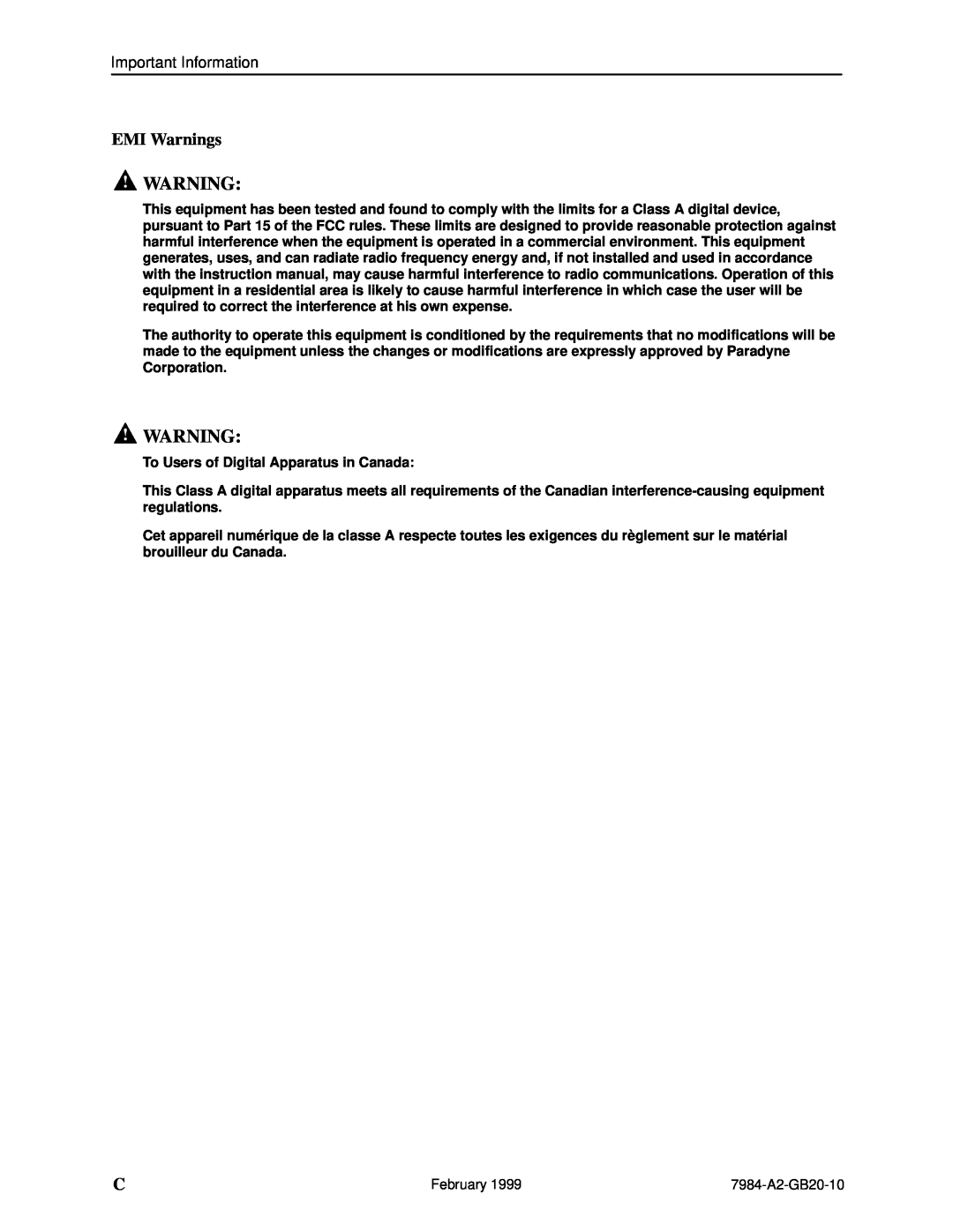 Paradyne Hotwire 7984 manual EMI Warnings, To Users of Digital Apparatus in Canada 