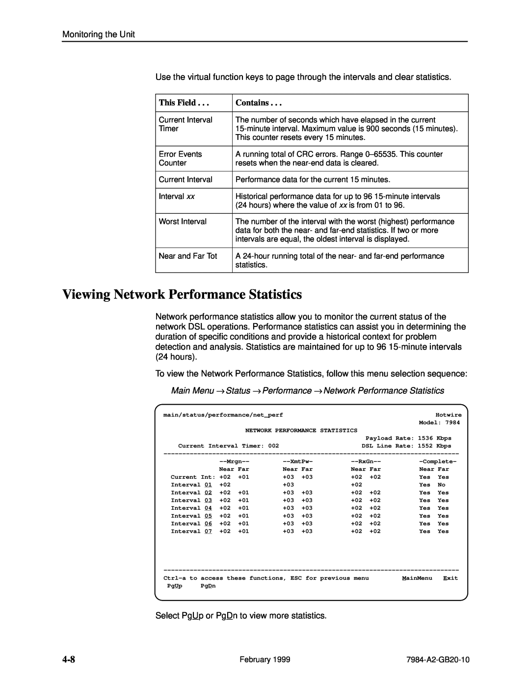 Paradyne Hotwire 7984 manual Viewing Network Performance Statistics, This Field, Contains 